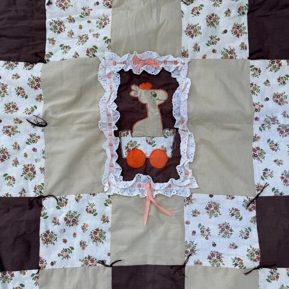 Vintage Handmade Baby Quilt Patchwork Throw Ruffle Trim Animal Flowers Toddler - Picture 2 of 4